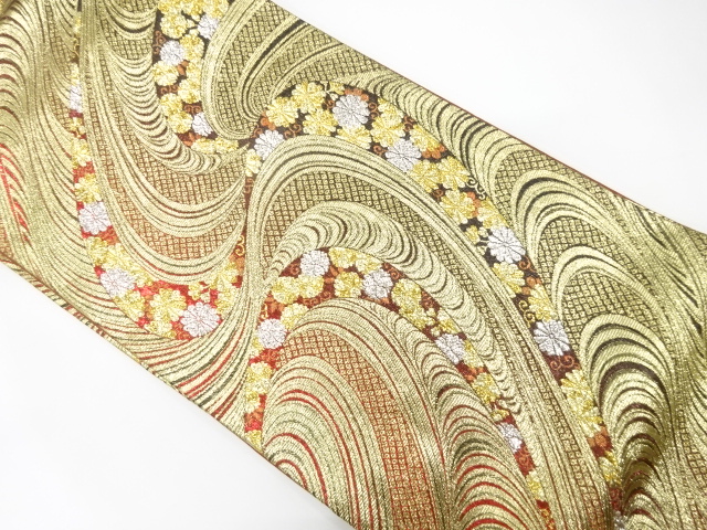 流水に花模様織り出し　振袖用袋帯